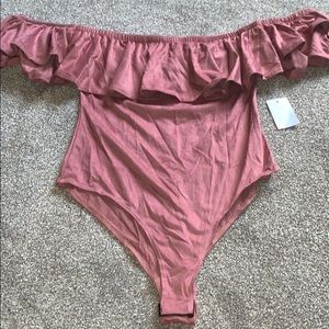 Suede off pink body suit!! Off shoulder.